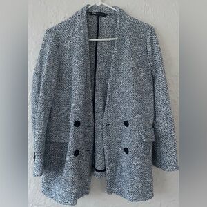 Zara blue white lightweight classic tweed style button front blazer jacket; M